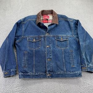 Marlboro Country Store Denim Jacket Mens L Blue Good Flannel Lined Leather Trim